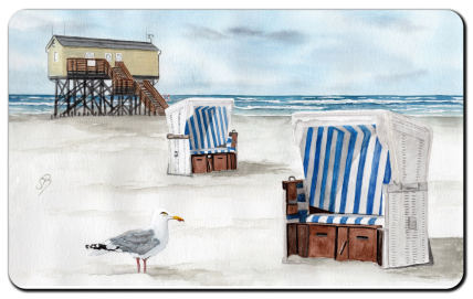 Aquarell Brettchen Frühstücksbrettchen Sankt Peter Ording Pfahlbauten Strandkorb Strand
