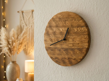 Wanduhr Eiche natur - Zeiger schwarz. Die STruktur sich überschneidender Wasserwellen ist in die Uhr eingearbeitet. Zeit im Fluss.