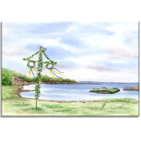 Aquarell Bild Keilrahmen Leinwand 30x20 cm Schweden Midsommar Mittsommer