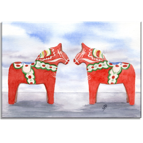 Aquarell Bild Keilrahmen Leinwand 30x20 cm Schweden Dalahästar Dalarna Pferde