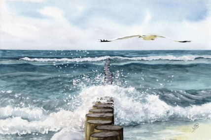 Aquarell Poster Druck  Nordsee Meer Strand Wellenbrecher in DIN A4 