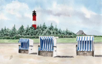 Aquarell Brettchen Frühstücksbrettchen Sylt Hörnum Leuchtturm Strandkörbe