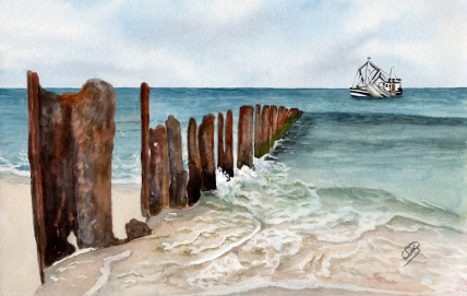 Aquarell Brettchen Frühstücksbrettchen Sylt Strand Meer Nordsee Wellenbrecher
