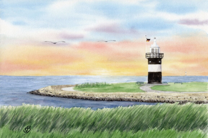Aquarell Poster Druck Cuxhaven Wremen Leuchtturm Kleiner Preuße in DIN A4 