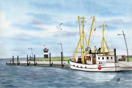 Aquarell Poster Druck Cuxhaven Wremen Fischkutter Kleiner Preuße in DIN A4 