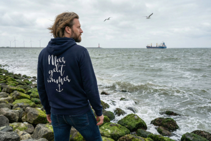 Zip-Hoodie „Meer geht immer“ - Farbe Dunkelblau - Druck Weiß
