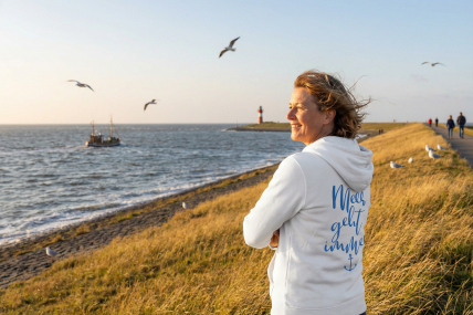 Zip-Hoodie „Meer geht immer“ - Farbe Weiß - Druck Blau