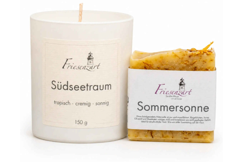 Sanfte Auszeit – Friesenzart Duft- & Pflegeset mit Naturseife Sommersonne und Duftkerze Südseetraum