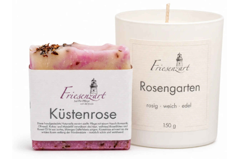 Rosenglück – Friesenzart Duft- & Pflegeset mit Naturseife Küstenrose und Duftkerze Rosengarten