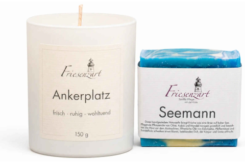 Frische Auszeit – Friesenzart Duft- & Pflegeset mit Naturseife Seemann und Duftkerze Ankerplatz