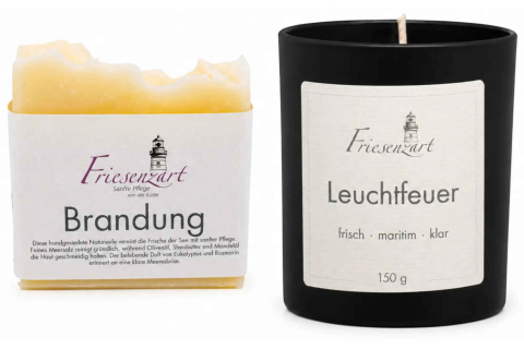Küstenmoment – Friesenzart Duft- & Pflegeset mit Naturseife Brandung und Duftkerze Leuchtfeuer