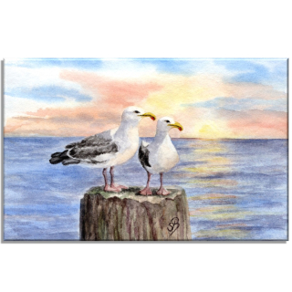 Aquarell Bild Keilrahmen Leinwand 30x20 cm Möwen auf Pfahl Strand Meer Sonnenuntergang AL3