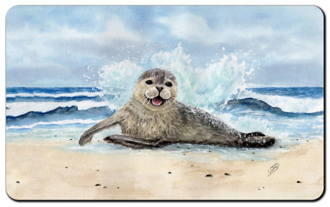 Aquarell Brettchen Frühstücksbrettchen lachender Seehund Welle Nordsee AL6