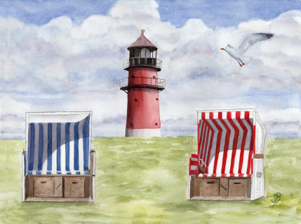 Aquarell Brettchen Frühstücksbrettchen Büsum Leuchtturm Strandkorb Nordsee