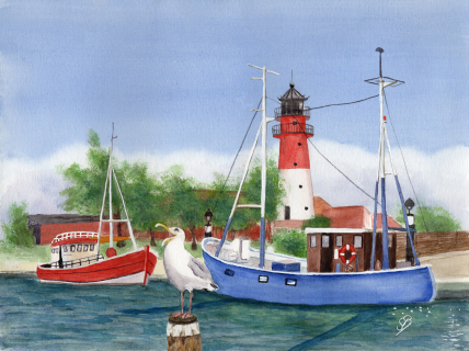 Aquarell Brettchen Frühstücksbrettchen Büsum Leuchtturm Hafen Nordsee