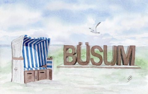 Aquarell Brettchen Frühstücksbrettchen Büsum Strandkorb Nordsee