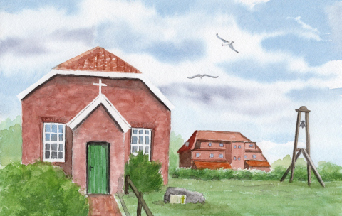 Aquarell Brettchen Frühstücksbrettchen Insel Baltrum Nordsee Inselkirche Kirche