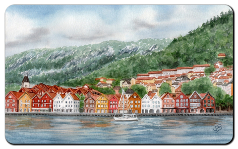 Aquarell Brettchen Frühstücksbrettchen Bergen Norwegen Bryggen
