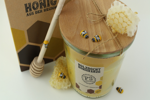 Bienenwachskerze im Glas mit Holzdocht und Holzdeckel 300 Gramm