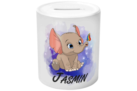 Spardose - Elefant mit Schmetterling und Namen (Personalisiert)