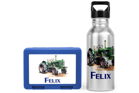 Schulstart Bundle No.7 - Traktor-Design Brotdose & Trinkflasche Personalisierbar