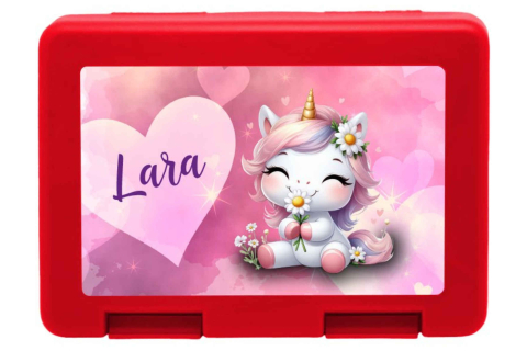 Personalisierte Brotdose mit Einhorn in Love-Motiv