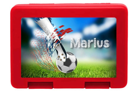 Personalisierte Brotdose mit Fußball-Torschuss-Motiv