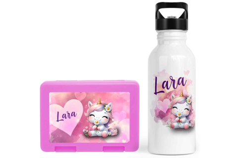 Schulstart Bundle No.10 – Einhorn in Love-Design Brotdose & Trinkflasche