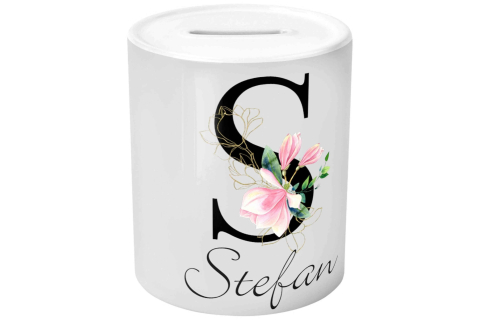 Spardose - Initiale Schwarz mit Blumen und Namen (Personalisiert)