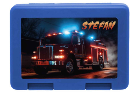 Personalisierte Brotdose mit Feuerwehrtruck-Motiv