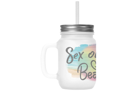 Henkelglas mit Deckel, Trinkhalm und Sex on the Beach-Rezept