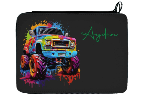 Personalisierbare, gefüllte Federmappe mit farbenfrohem Monstertruck-Design