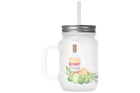 Henkelglas mit Deckel, Trinkhalm und Caipirinha-Rezept