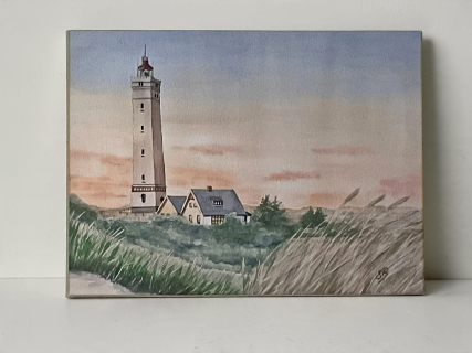 Aquarell Bild Keilrahmen Leinwand 80x60 cm Leuchtturm Blåvand Dänemark Blavand