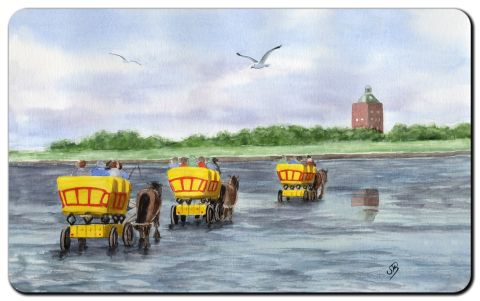 Aquarell Brettchen Frühstücksbrettchen 3 Wattwagen Cuxhaven Neuwerk