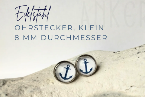 Ohrstecker Edelstahl Anker, blau auf weiß