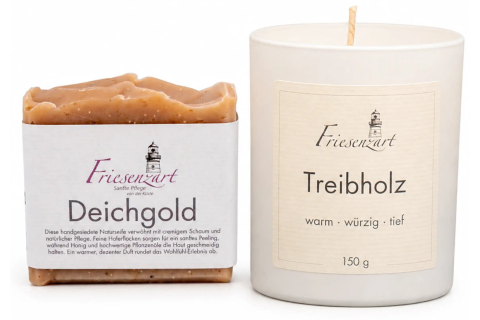 Warme Stube – Friesenzart Duft- & Pflegeset mit Naturseife Deichgold und Duftkerze Treibholz