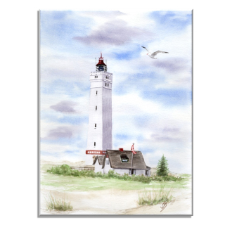 Aquarell Bild Keilrahmen Leinwand 20x30 cm Leuchtturm Blåvand Blavand Dänemark DK01