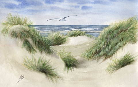 Aquarell Brettchen Frühstücksbrettchen Düne Strand und Meer Nordsee DK42