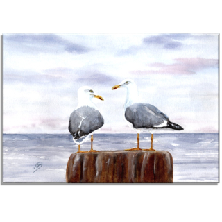 Aquarell Bild Keilrahmen Leinwand 30x20 cm Möwen auf Pfahl Strand Meer Maritim Nordsee DK50