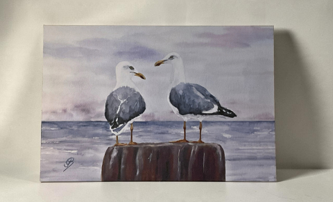 Aquarell Bild Keilrahmen Leinwand 120x80 cm Möwen auf Pfahl Maritim Ostsee Nordsee