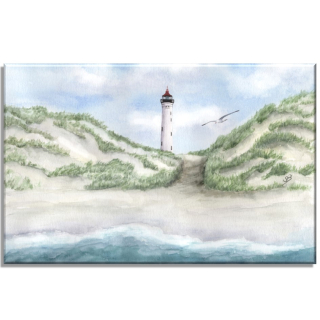 Aquarell Bild Keilrahmen Leinwand 30x20 cm Leuchtturm Lyngvig Dänemark Dünen Meer Nordsee DK58