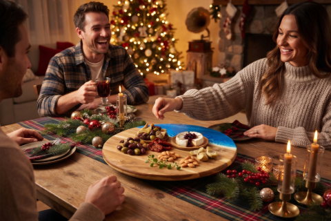 Akazienholz-Drehteller mit Meereseffekt auf einem weihnachtlich geschmückten Tisch. Auf dem Drehteller befinden sich kleine Snacks, um den Tisch herum sitzen 2 Männer und eine Frau, die nach den Snacks auf dem Drehteller greift. Im Hintergrund ist ein Wei