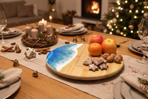 Drehteller aus Bambus mit abgerundeten Kanten mit Meereswellen-Design aus Epoxidharz in blau und weiß, auf dem Drehteller sind 2 Äpfel, 1 Mandarinen, Nüsse und weihnachtliche Kekse, der Drehteller steht auf einem weihnachtlich gedeckten Tisch mit beiger T