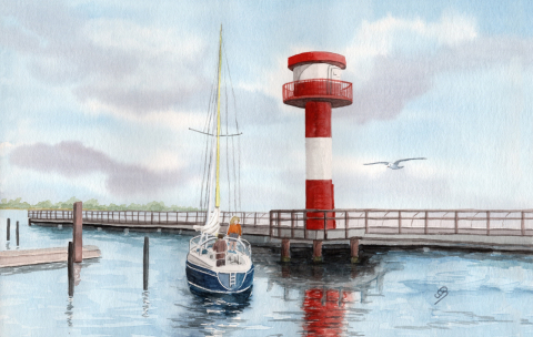 Aquarell Brettchen Frühstücksbrettchen Eckernförde Leuchtturm Hafen