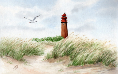 Aquarell Brettchen Frühstücksbrettchen Fehmarn Leuchtturm Flügge Dünen Ostsee