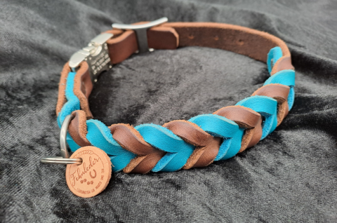 Fettlederhalsband braun-türkis 35 - 37cm