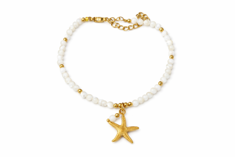 Zierliches Armband aus Perlmutt- und Edelstahlperlen, sowie einem Seestern-Anhänger. Wahlweise in gold oder silber.-Gold-Gold