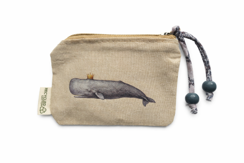 Kleine beigefarbene Tasche aus recycleter Baumwolle mit Wal-Aufdruck