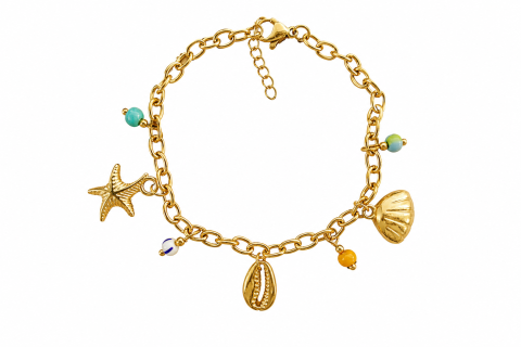 Armband aus Edelstahl mit drei Edelstahl-Anhängern (Seestern , Muschel , Kaurischnecke)